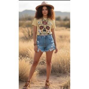 Hasta Siempre Sugar Skull Graphic Tee Yellow Floral Day of the Dead Shirt Large